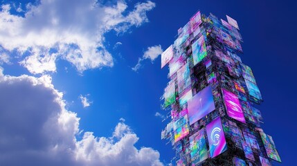 Poster - Telecommunications tower broadcasting 5G signals into the vast blue sky, abstract and futuristic feeling