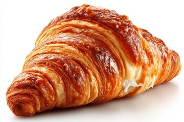 Poster - Freshly baked croissant rests on a white surface highlighting its flaky texture and golden color during morning light