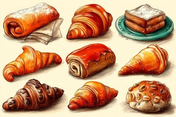 Poster - Delicious assortment of freshly baked pastries displayed on a neutral background