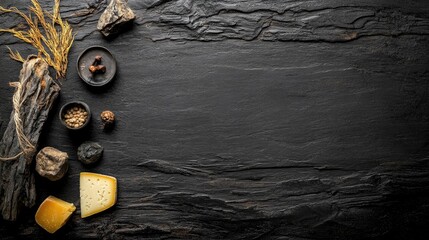 Poster - Top view of gourmet cheese display on black rustic wood, rich textures and space for typography