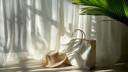 Aufkleber - Travel bag and sunhat placed in chic hotel room, sunlight streaming through sheer curtains, holiday vibes