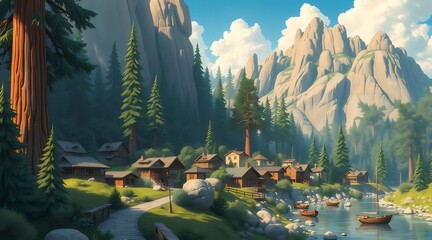 Poster - 緑豊かな森の中の山麓の村 穏やかな川沿いの木造家屋と岩の多い山並みが織りなす平和な風景