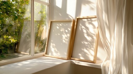 Poster - Two blank wooden frames resting on a white shelf against a sunlit window with soft curtains