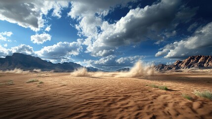 Aufkleber - Vast desert valley as gusts lift sand into the air, rugged rocky mountains looming in the distance