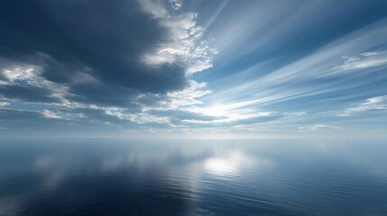 Poster - 穏やかな水面と晴れた青空が広がる日の出の景色 空の太陽光が海に反射する 日本語
