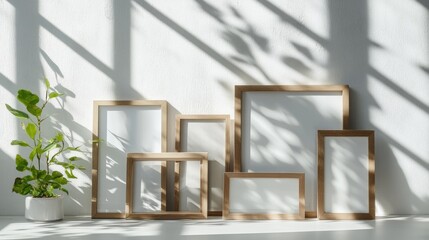 Poster - Wooden picture frames standing on a crisp white shelf, sunlight and soft shadows playing
