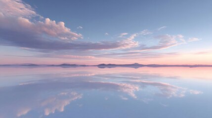Poster - 柔らかいピンク色の雲が反射する穏やかな水面の広大な風景 夕暮れ時の穏やかな空の景色と地平線