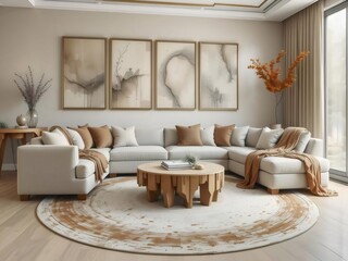 Aufkleber - 暖かいベージュ色のソファ 抽象芸術と木製の円卓を備えたモダンなリビングルームインテリアデザイン
