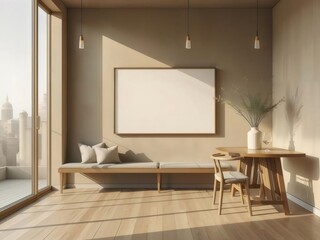 Aufkleber - 自然光が差し込むベージュのインテリアの部屋に木の床のベンチと白い壁のアートワーク フレームのある都会的なスカイラインの背景