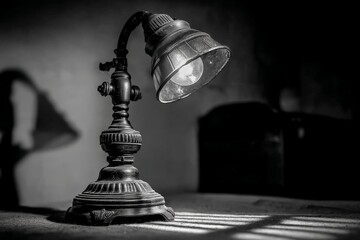 Aufkleber - Illuminated vintage desk lamp casting shadows in a dimly lit room during evening hours