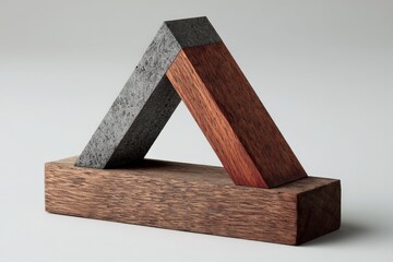 Fototapete - Geometric wood and stone sculpture showcasing a balanced design with contrasting textures and colors