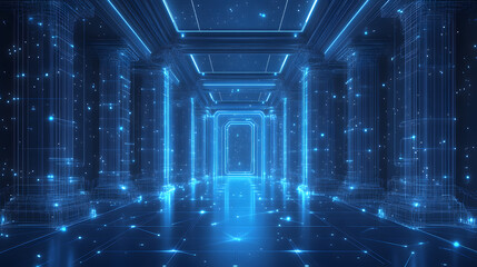 Aufkleber - Futuristic corridor in electric blue. Wireframe architecture glows against the dark, with light particles adding depth. A portal beckons at the end. Abstract wireframe in dark blue.