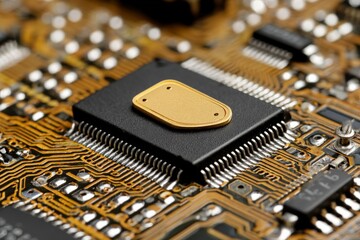Fototapete - Close-up view of a computer circuit board with a central processing unit and intricate connections