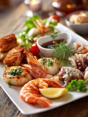 Poster - Seafood Assortment Featuring Shrimp, Scallops, and Octopus Served on a Plate at a Fine Dining Restaurant