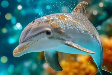 Poster - Dolphin swimming gracefully in vibrant ocean waters amidst colorful coral reefs and sunlight