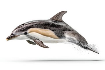Poster - Dolphin leaps gracefully above the surface of clear blue water in an ocean environment during daylight