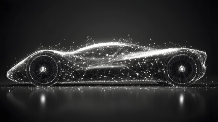 Poster - Futuristic sports car concept illustrated with glowing wireframes against a dark background. Evokes high-tech design and automotive innovation. Abstract wireframe in dark blue.