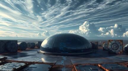 Poster - 青いドーム型の構造物とキューブのある抽象的な未来の風景 晴れた日空の雲を背景にテクノロジーデザイン