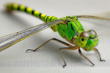 Poster - Bright green dragonfly perched on a surface showcasing detailed features in natural light