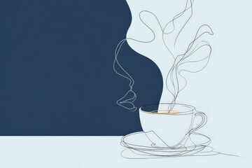 Poster - Abstract line art depicting a steaming cup of coffee with minimalistic facial features and soft background colors