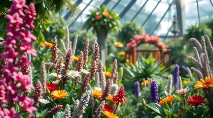 Aufkleber - 多様な色と光の満ちた温室庭園 ピンク オレンジ 白 紫の花が咲き誇る壁紙