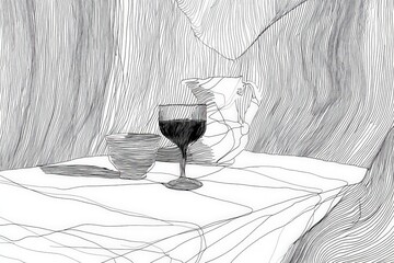 Aufkleber - Artistic still life featuring a glass of red liquid and ceramic vessels on a textured tablecloth in a minimalist setting
