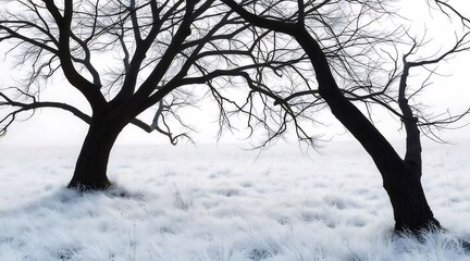 Aufkleber - 冬の風景 白い雪と木のシルエット 静寂と寒さの雰囲気 屋外の自然な背景 シーズナルな美しさ
