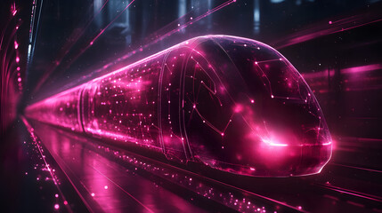 Leinwandbilder - Futuristic magenta high-speed train races through a dark tunnel, light streaks blurring its grid-like, glowing pink digital surface. Abstract wireframe in dark blue.