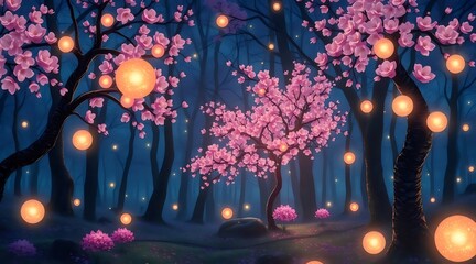 Aufkleber - ピンクの桜が咲き乱れる夜の森 ランタンが照らす幻想的な風景