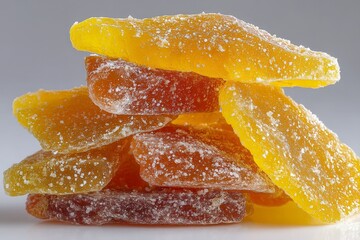 Poster - Colorful fruit gummies stacked together with a sugary coating on a neutral background