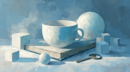 Poster - A still life arrangement features a white cup next to spherical and cubic shapes on an open book, with a key positioned nearby. The composition is bathed in soothing blue hues, evoking tranquility