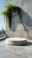 Poster - ミニマルなコンクリートの台座と緑豊かな植物のある屋外テラス 静かで静かなシーン 日光が影を落とす
