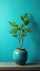 Aufkleber - 緑の葉を持つ植物 青緑色の花瓶に静置 青緑色の背景の上 屋内装飾 静物 自然 ミニマルな美学