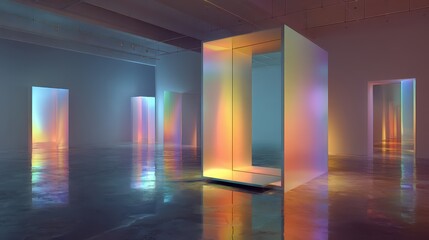 Poster - An abstract mirror panel is positioned at an angle, reflecting various colorful lights in a modern gallery. Surrounded by other reflective surfaces, it creates an immersive visual experience