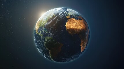 Poster - A vibrant 3D Earth with a day-night cycle visible in real-time, showcasing continents in sunlight and dark oceans as night falls over them.