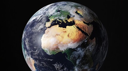 Poster - A vibrant 3D Earth with a day-night cycle visible in real-time, showcasing continents in sunlight and dark oceans as night falls over them.