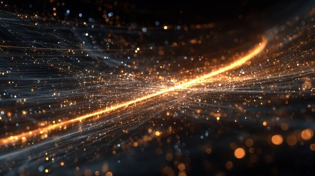 An abstract swirl of data lines and glowing particles fills the center, generating a vibrant flow of light. The visualization captures a sense of movement and energy in a dark background