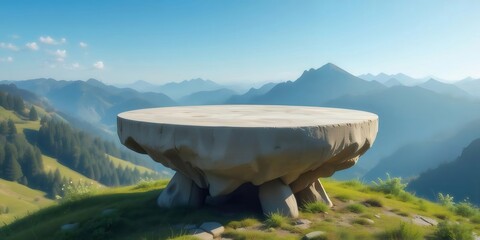 Poster - 石のテーブルが置かれた緑の丘と山々の青空の風景