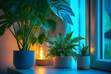 Aufkleber - 鉢植えの植物が窓辺に飾られた室内の静物 モンステラとシダが鉢に入り オレンジの光が輝き 青色の窓枠がアクセントを加える 穏やかな雰囲気