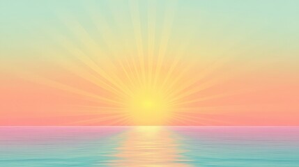 Poster - A vibrant vector of sun rays in soft pastel colors stretching over an ocean horizon, symbolizing warmth and calmness