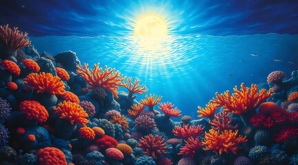 Aufkleber - 明るい水中世界のカラフルなサンゴ礁、鮮やかな色と穏やかな海中、暗い海の背景に照らされた輝く太陽の光