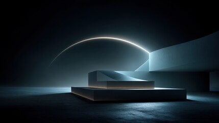 Fototapete - In a dark abstract setting, a bright glowing arc hovers above a geometric matte structure, creating a striking visual contrast. The atmosphere is mysterious and captivating