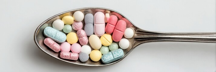 Aufkleber - Colorful Assortment of Tablets Presented in a Metal Spoon Against a Clean White Background