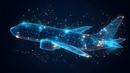 Fototapete - Futuristic airplane design rendered as a glowing blue wireframe. Represents technology, innovation, and data integration in aviation. Abstract wireframe in dark blue.
