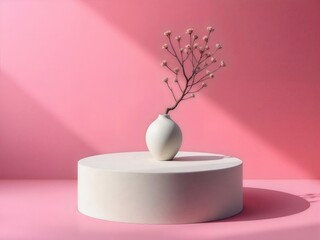 Poster - ピンクの背景に白い花瓶に入った繊細な白い花がコンクリートの円形台座に置かれた静物ディスプレイ ミニマルでエレガントなスタジオ撮影