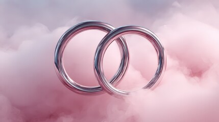 Poster - Two shiny chrome rings are interlocked midair, surrounded by a soft white haze. This enchanting visual creates a sense of serenity and elegance in a dreamlike atmosphere