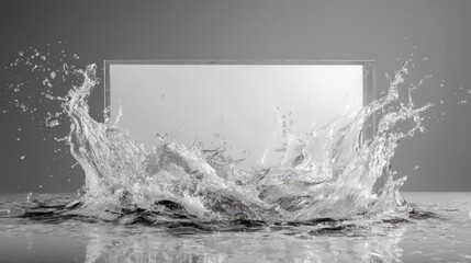 Poster - Water erupts around a clear blank panel, creating dynamic splashes in a minimalist environment. The contrast enhances the motion and fluidity of the scene, showcasing texture and energy