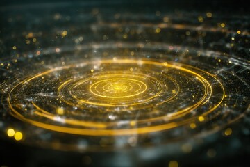 Fototapete - Dynamic display of golden circles with glowing particles in abstract digital space