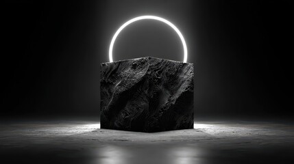 Fototapete - A cube hovers in a dimly lit space, its animated surface patterns shifting subtly as a bright halo of light encircles it, creating an otherworldly atmosphere that captivates attention