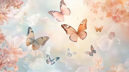 Poster - A whimsical butterfly background filled with gentle, flying butterflies in various soft hues.